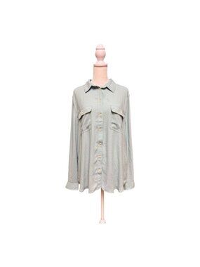LOFT Sage Green Button Front Utility Blouse XL Long Sleeve Career Top